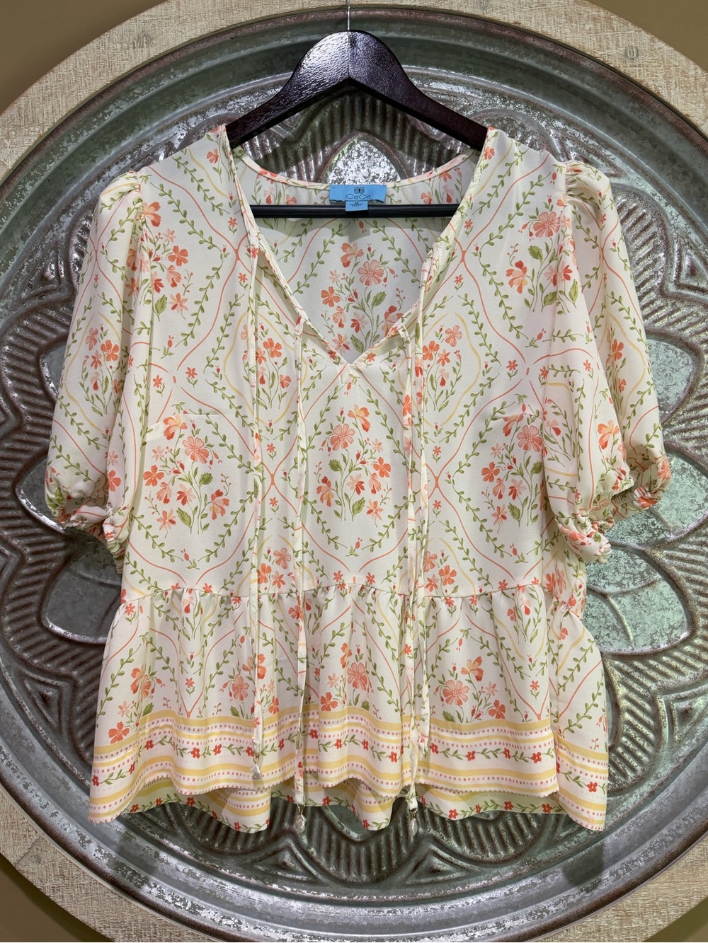 CeCe Cream Blouse V- Neck Puff Sleeve Coral Floral Print Ruffle Blouse